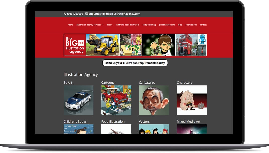 Big Red Illustration Agency website displayed on a laptop