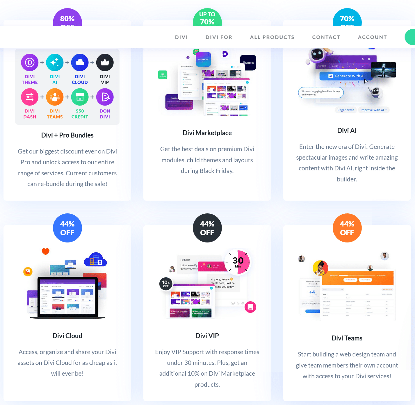 Divi Black Friday discounts across Bundles, Marketplace, AI, Cloud, VIP and Teams