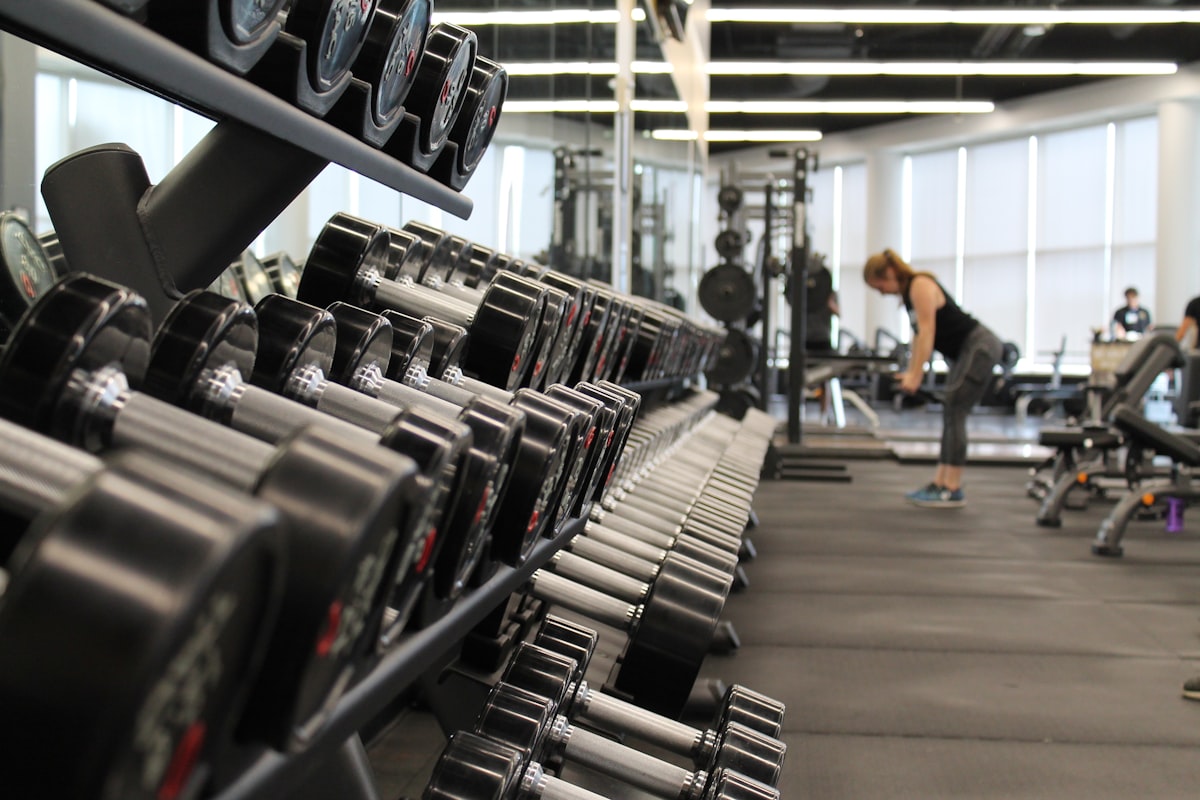 Free weights area in a modern gym