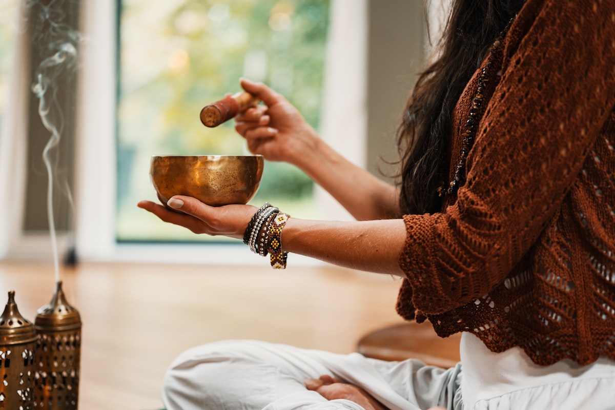 Calm wellness setting with singing bowl